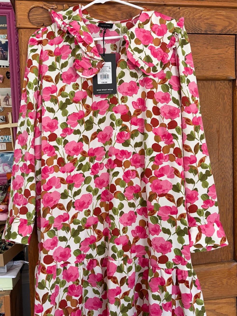 Who What Wear Pink & Green Floral Ruffle-Collar Long Sleeve Dress
